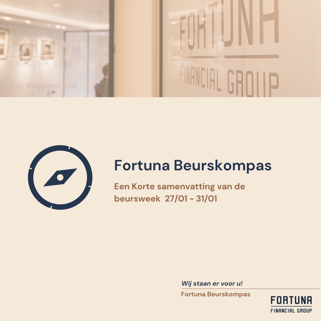 Illustratie van de Fortuna Beurskompas, met een korte samenvatting van de beursweek van 27 januari tot 31 januari, inclusief het logo van Fortuna Financial Group en een kompasicoon.